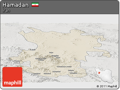 Shaded Relief Panoramic Map of Hamadan, lighten, semi-desaturated