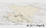 Shaded Relief Panoramic Map of Hamadan, lighten, semi-desaturated