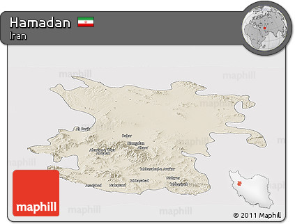 Shaded Relief Panoramic Map of Hamadan, single color outside