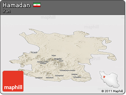 Shaded Relief Panoramic Map of Hamadan, single color outside