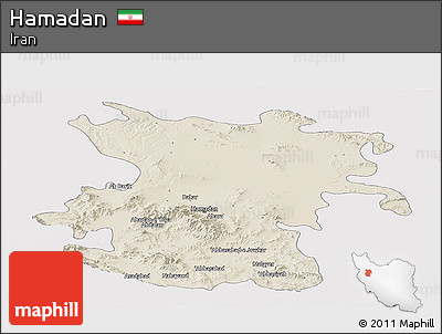 Shaded Relief Panoramic Map of Hamadan, single color outside
