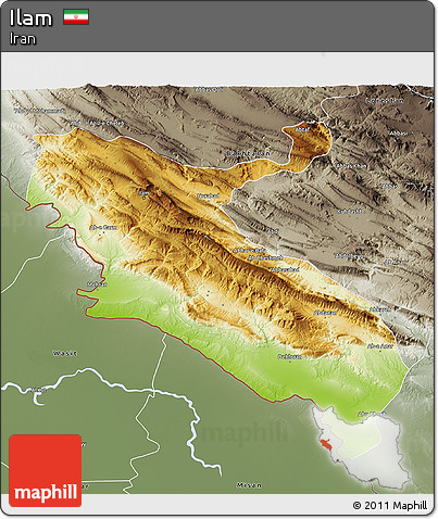 Physical 3D Map of Ilam, semi-desaturated