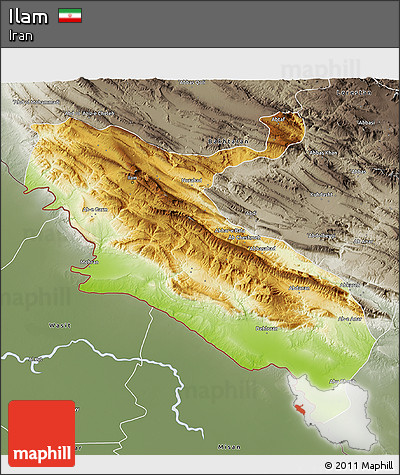 Physical 3D Map of Ilam, semi-desaturated