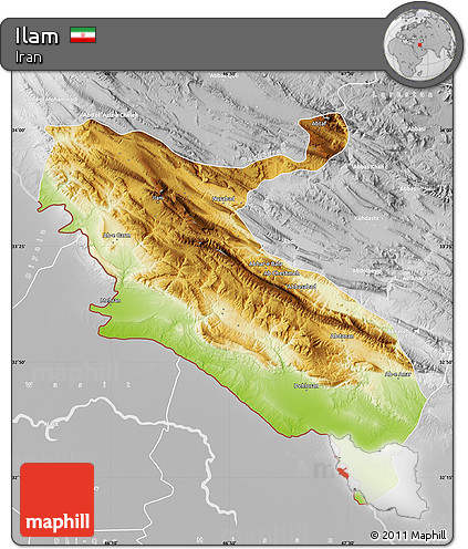 Physical Map of Ilam, lighten, desaturated