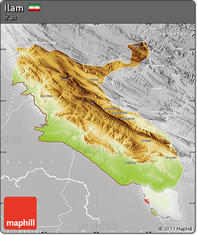 Physical Map of Ilam, lighten, desaturated