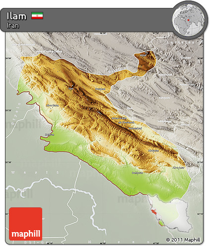 Physical Map of Ilam, lighten, semi-desaturated