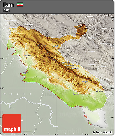 Physical Map of Ilam, lighten, semi-desaturated