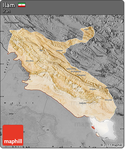 Satellite Map of Ilam, darken, desaturated