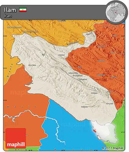 Shaded Relief Map of Ilam, political outside