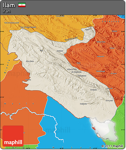 Shaded Relief Map of Ilam, political outside