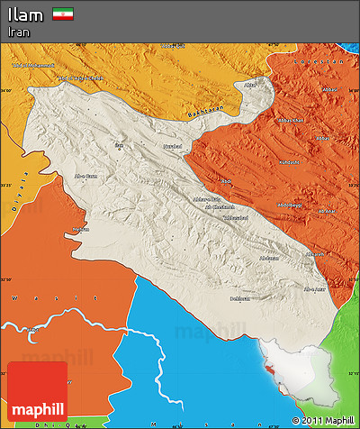 Shaded Relief Map of Ilam, political outside