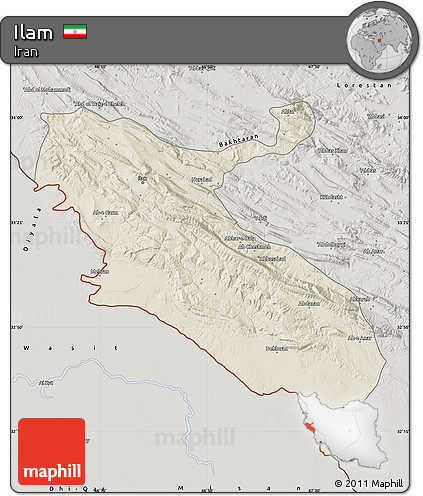 Shaded Relief Map of Ilam, semi-desaturated