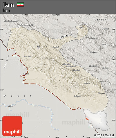 Shaded Relief Map of Ilam, semi-desaturated