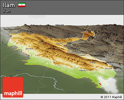 Physical Panoramic Map of Ilam, darken, semi-desaturated