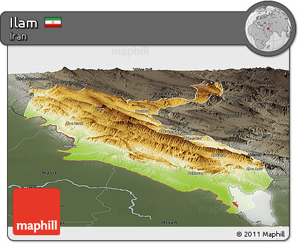 Physical Panoramic Map of Ilam, darken, semi-desaturated