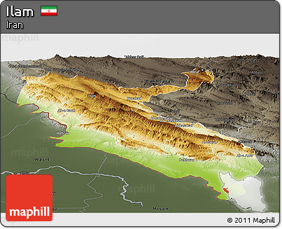 Physical Panoramic Map of Ilam, darken, semi-desaturated