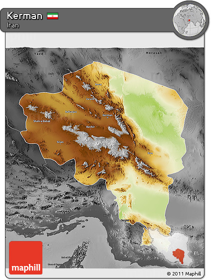 Physical 3D Map of Kerman, darken, desaturated