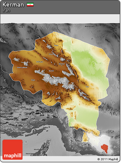 Physical 3D Map of Kerman, darken, desaturated
