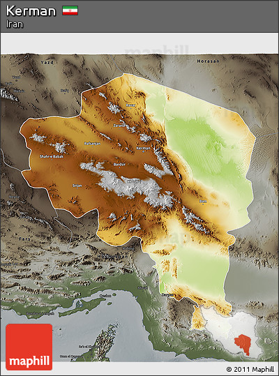 Physical 3D Map of Kerman, darken, semi-desaturated