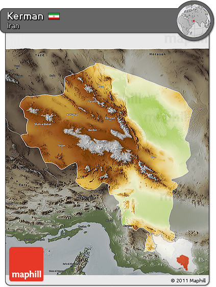 Physical 3D Map of Kerman, darken, semi-desaturated