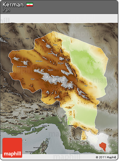 Physical 3D Map of Kerman, darken, semi-desaturated