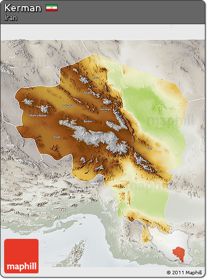 Physical 3D Map of Kerman, lighten, semi-desaturated