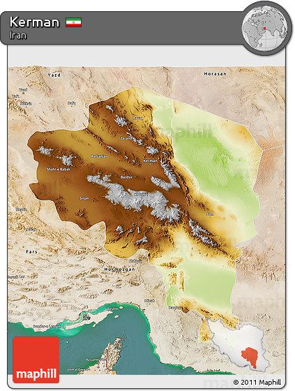 Physical 3D Map of Kerman, satellite outside