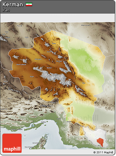 Physical 3D Map of Kerman, semi-desaturated