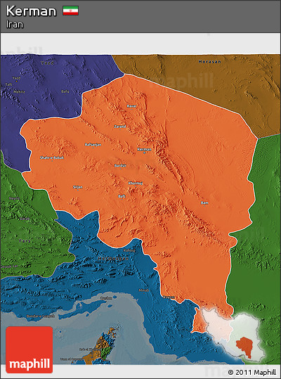 Political 3D Map of Kerman, darken