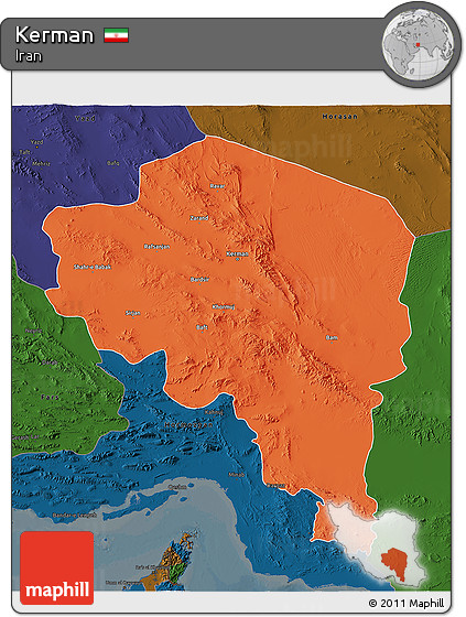 Political 3D Map of Kerman, darken