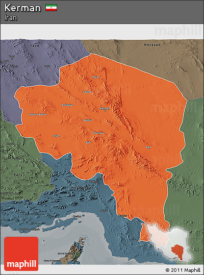 Political 3D Map of Kerman, darken, semi-desaturated
