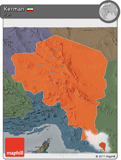 Political 3D Map of Kerman, darken, semi-desaturated