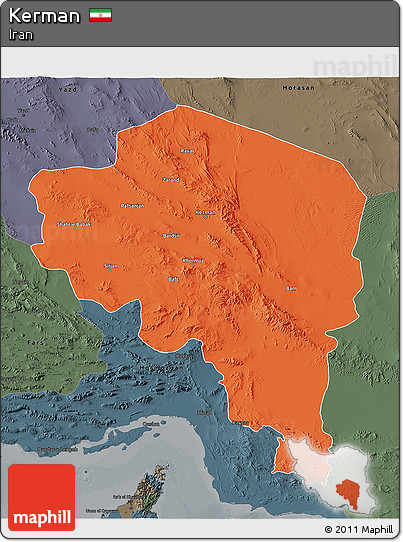 Political 3D Map of Kerman, darken, semi-desaturated
