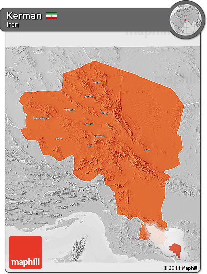 Political 3D Map of Kerman, lighten, desaturated