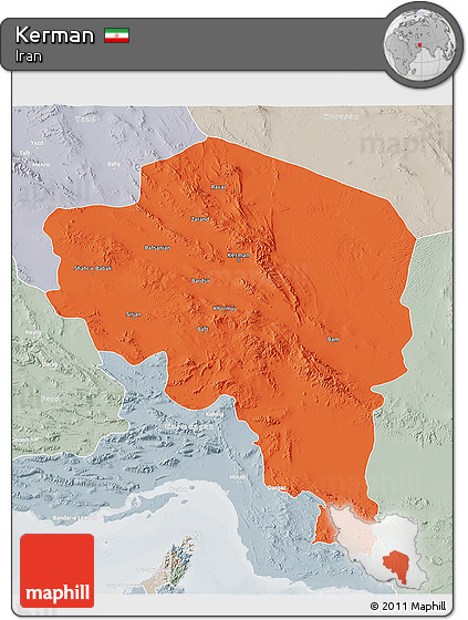 Political 3D Map of Kerman, lighten, semi-desaturated