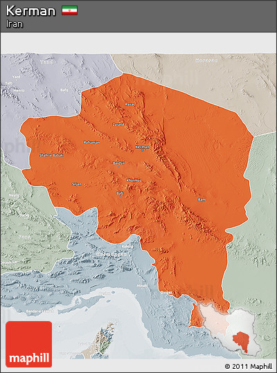 Political 3D Map of Kerman, lighten, semi-desaturated