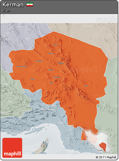 Political 3D Map of Kerman, lighten, semi-desaturated