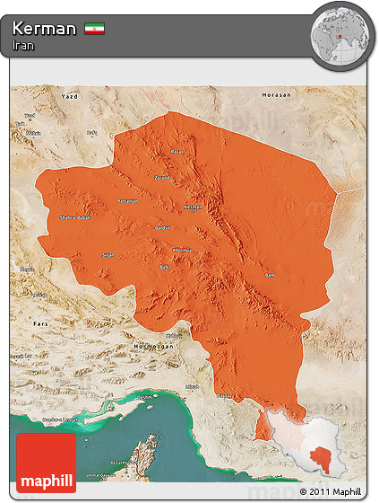Political 3D Map of Kerman, satellite outside