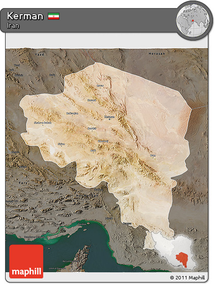 Satellite 3D Map of Kerman, darken
