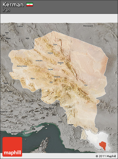 Satellite 3D Map of Kerman, darken, semi-desaturated