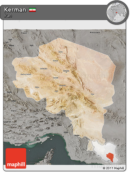 Satellite 3D Map of Kerman, darken, semi-desaturated