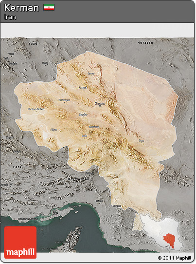 Satellite 3D Map of Kerman, darken, semi-desaturated