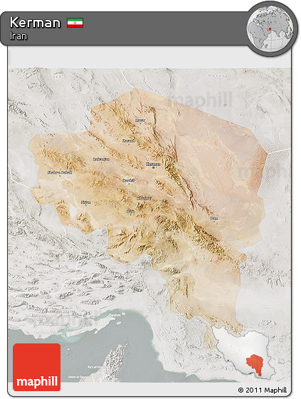 Satellite 3D Map of Kerman, lighten, semi-desaturated