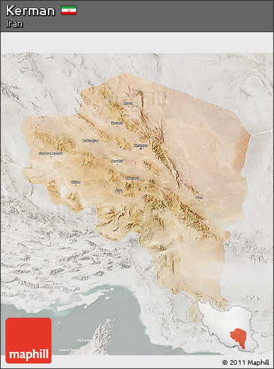 Satellite 3D Map of Kerman, lighten, semi-desaturated