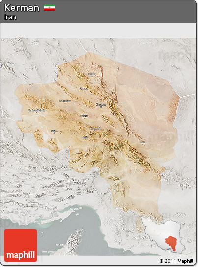 Satellite 3D Map of Kerman, lighten, semi-desaturated