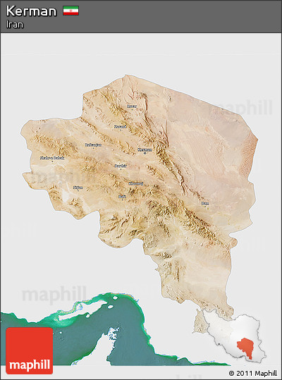 Satellite 3D Map of Kerman, single color outside