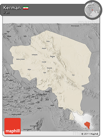 Shaded Relief 3D Map of Kerman, darken, desaturated