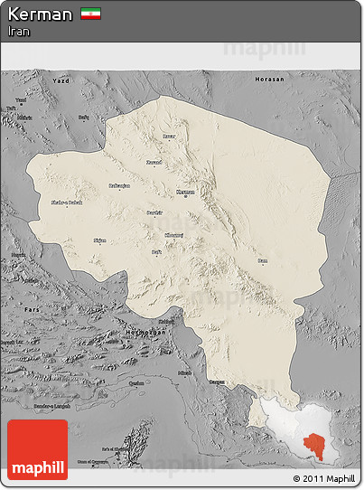 Shaded Relief 3D Map of Kerman, darken, desaturated