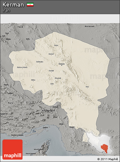 Shaded Relief 3D Map of Kerman, darken, semi-desaturated