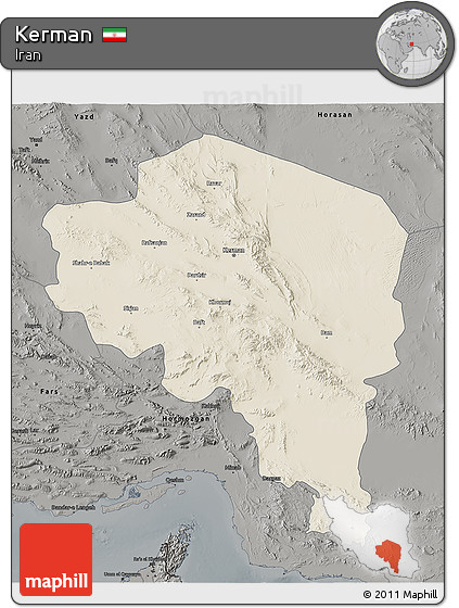 Shaded Relief 3D Map of Kerman, darken, semi-desaturated